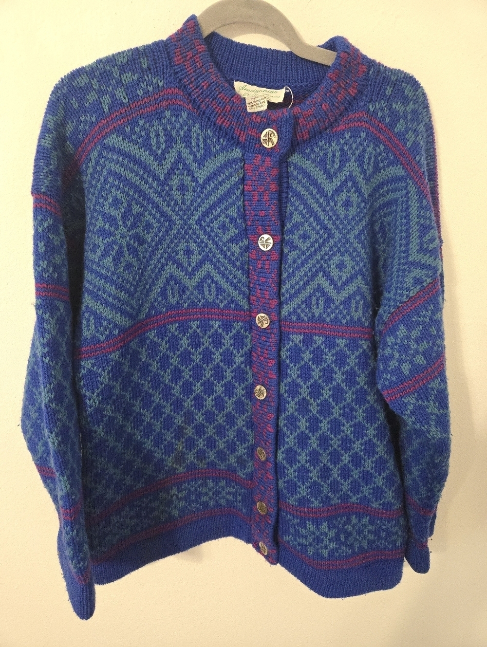 Vintage Amazonia Hand Knitted Sweater Cardigan 100% Sheepwool Womens Large Peru